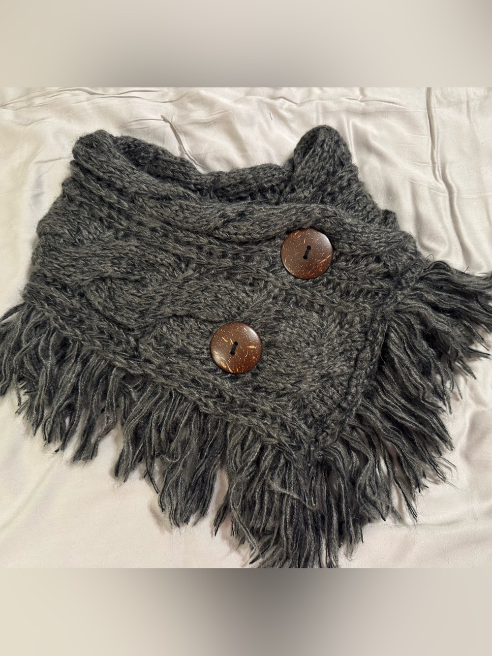 Chunky Knit Fringe Buttoned Shawl - Dark Gray